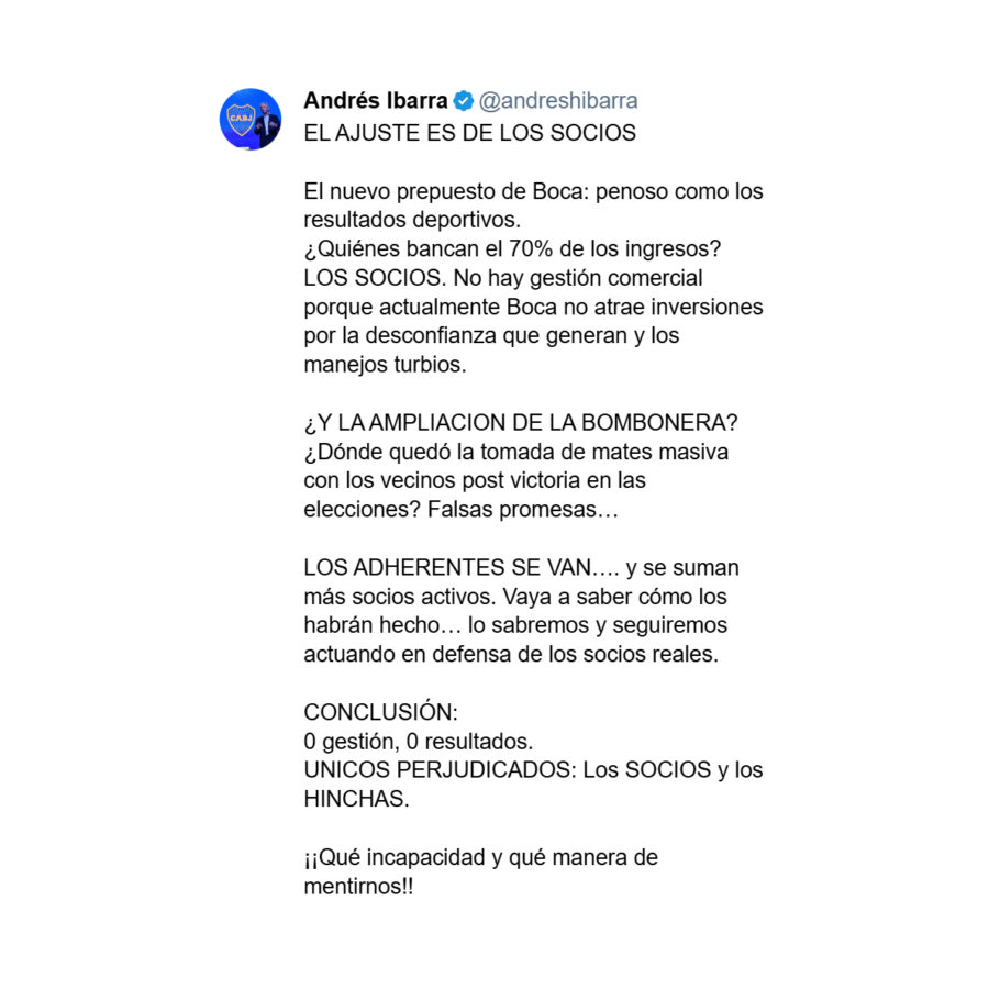 Las críticas de Andrés Ibarra a la gestión de Riquelme por el presupuesto Tweet de Andrés Ibarra