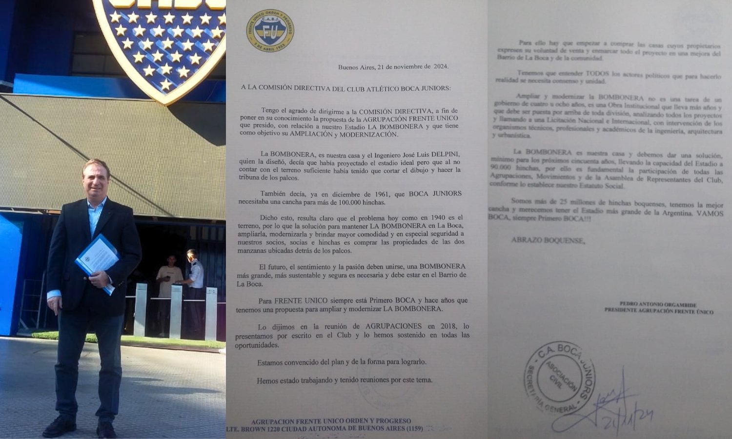 Pedro Antonio Orgambide, presidente de la agrupación Frente Único y su pedido a la comisión directiva de Boca.