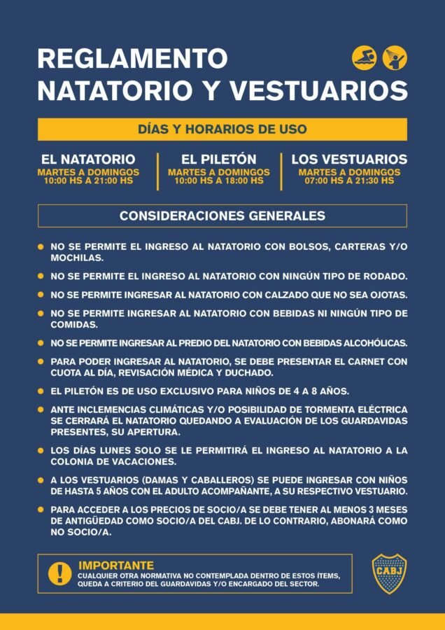 El reglamento del natatorio y los vestuarios: