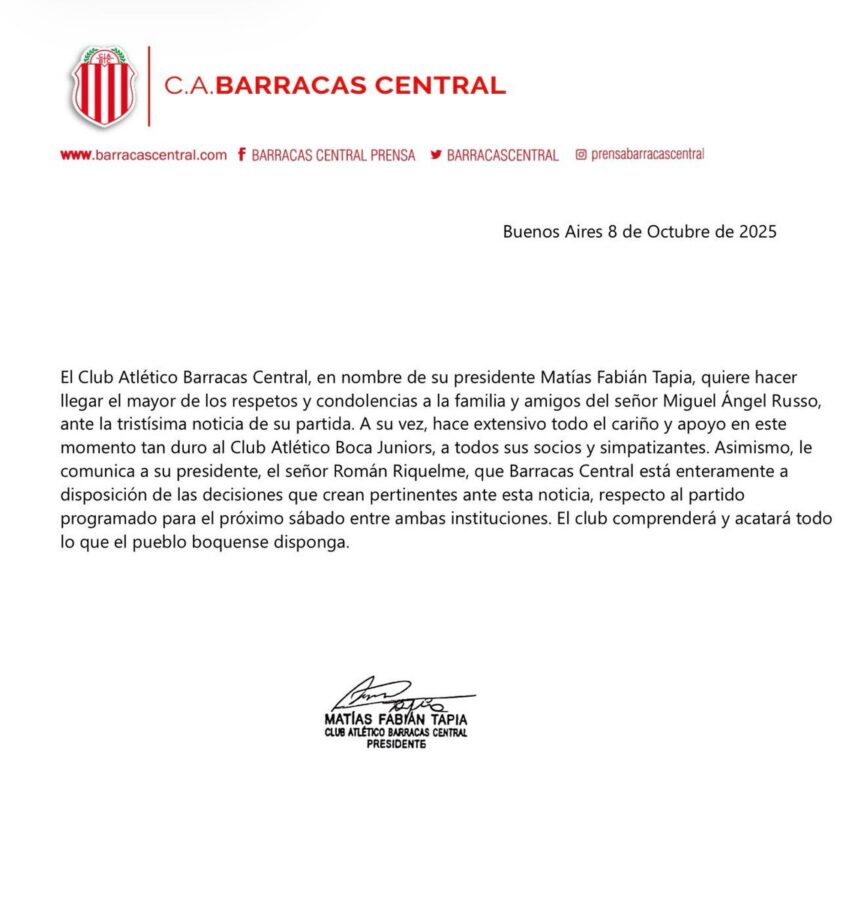 Por el fallecimiento de Russo: se postergó el partido de Boca vs Barracas Comunicado de Barracas Central