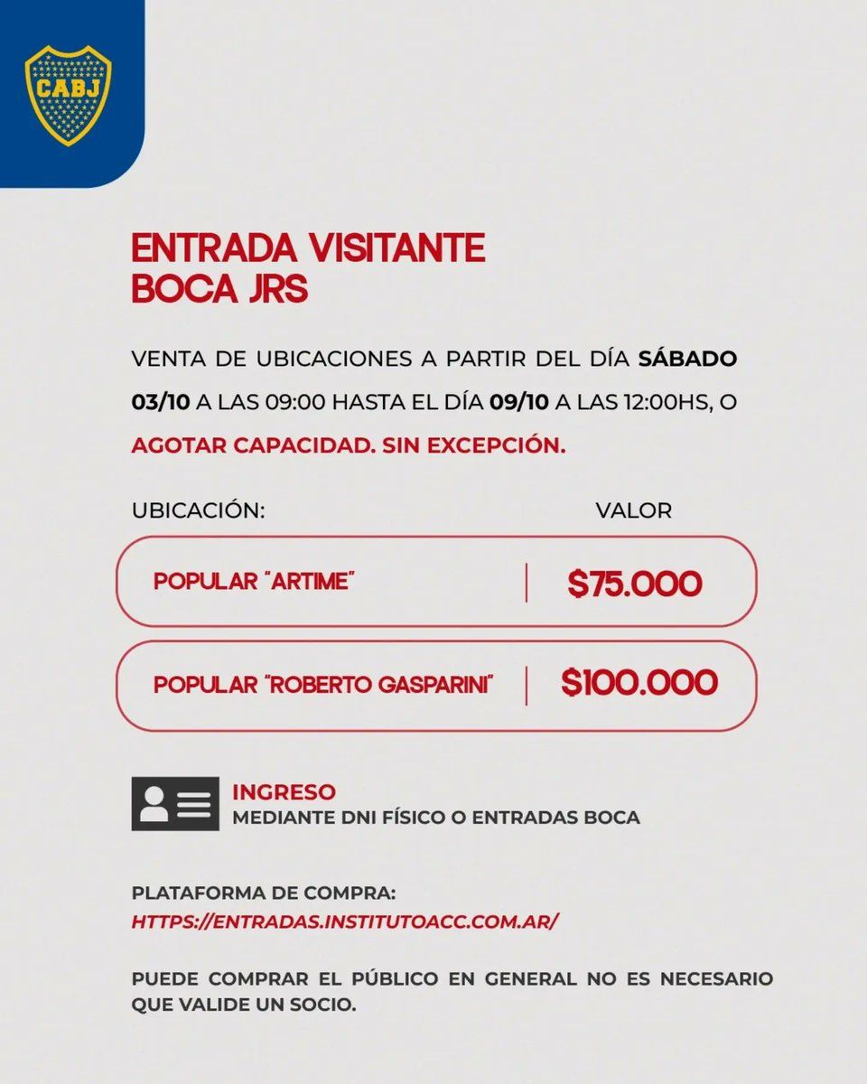 Precios entradas Boca vs Instituto