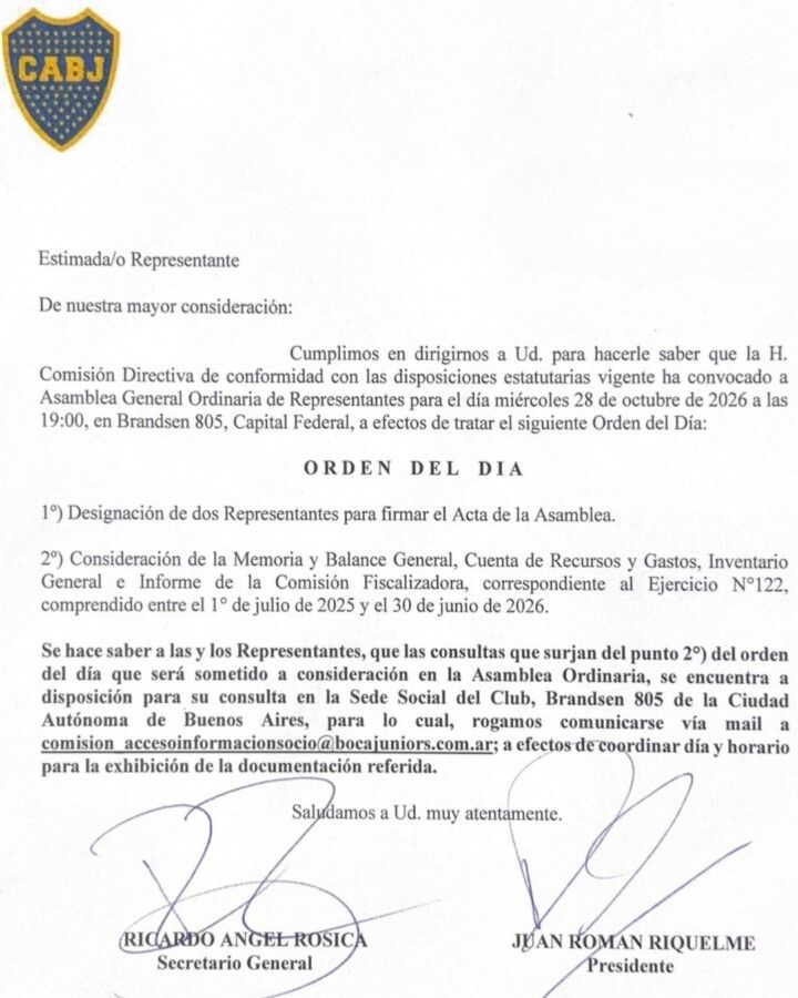 convocatoria asamblea representantes boca 2026
